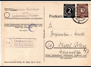 1947, Landpost Stpl. 24 LEMKENHAFEN über Burg (Fehmarn) auf Karte m. 2+10 Pf. 