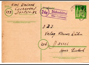 1950, Landpost Stpl. 24a STICKENBÜTTEL über Cuxhaven auf 10 Pf. Ganzsache 