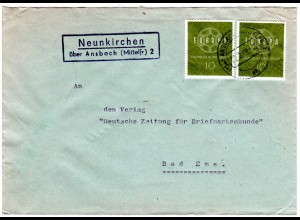 BRD 1960, Landpost Stpl. NEUNKIRCHEN über Ansbach auf Brief m. MeF 2x10 Pf.