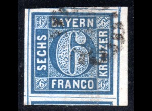 Bayern 10, riesenrandige gebr. 6 Kr. blau m. rechtem Bogenrand