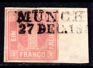 Bayern 3 Ia, breitrandige 1 Kr. rosa auf Briefstück m. L2 München