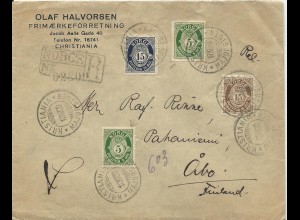 Norwegen 1920, Mischfrankatur 15+15 auf Einschreiben Brief n. Finnland. #3024