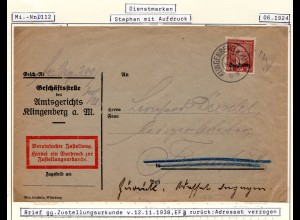 DR 1928, EF 60 Pf. Dienst auf Zustellungsurkunde Brief v. Klingenberg a. Main