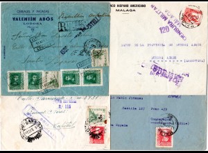 Spanien 1938/39, 4 Zensur Briefe n. Südamerika m. versch. Frankaturen. 1x Reko