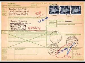 BRD 1980, MeF 3x5 DM auf Paketkarte v. Buxtehude n. Griechenland