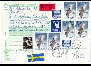 Schweden 1982, 10 Marken auf Luftpost Wert Paketkarte v. Lidköping n. Taiwan
