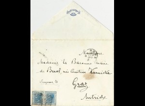Italien 1873, 2x20 C. auf Adels Brief v. ROMA n. Graz Österreich. #3003