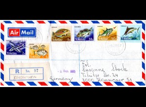 Tokelau 1985, 6 Werte Fische (inkl. 2$) auf Einschreiben Brief n. Deutschland