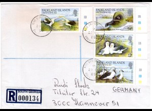 Falkland Inseln Gebiete 1985, 4 Werte Albatrosse kpl. auf R-Brief n. Deutschland