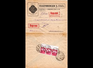 Ungarn 1928, Orts-Eilboten Firmenbrief v. Budapest m. rs. 3er-Streifen 8 F.