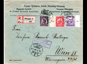 Ungarn 1917, 15+10+15 F. auf Einschreiben Zensur Brief v. Fiume n. Österreich.