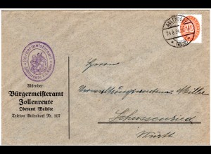DR 1934, 12 Pf. Dienst auf Zollenreute Bürgermeister Brief m. Stpl. Aulendorf