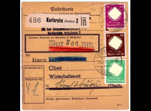 DR 1943, 5+10+40 Pf. Dienst auf Wert Paketkarte v. Karlsruhe n. Straßburg