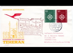 BRD 1956, 10+20 Pf. Kirchentag auf Flug Brief v. Frankfurt n. Teheran
