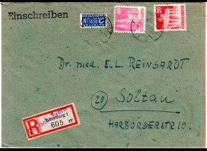 1949, 20+40 Pf. Bauten auf Brief m. Not Reko-Zettel Deutsch-Evern/Lüneburg 1