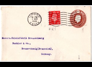 GB 1939, 1d with perfin on 1 1/2d stationery cover from Ilford to Germany