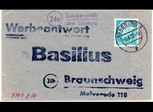 BRD 1957, Landpost Stempel 24a LÜBBERSTEDT über Lüneburg auf Werbeantwort Brief