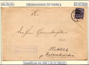 DR 1903, 20 Pf. Zähldienstmarke auf Frei lt. Avers No. 21 Brief v. Segeberg