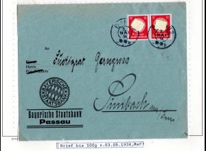 DR 1934, MeF 2x12 Pf. Dienst auf Staatsbank Brief v. Passau n. Simbach.