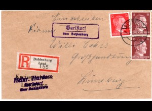 DR 1944, Landpost Stpl. Garlstorf über Dahlenburg auf Reko- Brief m. 12+2x15 Pf.