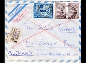 Argentinien 1958, 100+2x1 P. auf Luftpost Reko Express Brief n. Rottach-Egern