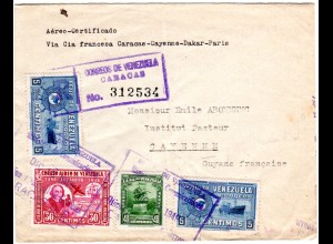 Venezuela 1949, 4 Marken auf Luftpost Einschreiben Brief n. Französisch Guyana