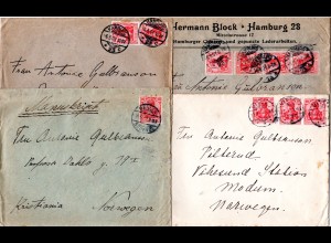 DR 1907/12, 4 jeweils portorichtige Germania Briefe n. Norwegen. 1 EF+3 MeF.