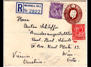GB 1933, 1+3d auf eingeschriebenem 1 1/2d Ganzsachenumschlag v. Muswell Hill