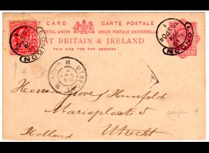 GB 1902, 1 d m. perfin auf 1d Late Fee Ganzsachekarte v. London n. Holland