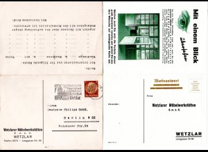 DR 1939, Wetzlarer Möbelwerkstätten Reklame-Faltkarte m. 3 Pf. u. Werbestempel