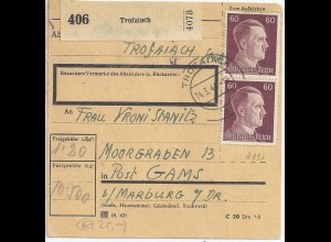 DR 1944, MeF Paar 60 Pf. auf Ostmark Paketkarte v. Trofaiach. #1322