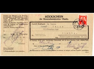 Böhmen u. Mähren 1944, 80 H. Dienst auf Rückschein Formular v. Olmütz