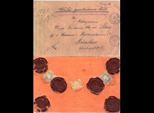 Bayern 1909, 5+30+40 Pf. rs. auf Wertbrief v. Aschbach (Of.) n. München. 