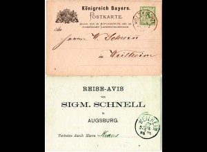 Bayern 1886, K1 Holzkirchen auf 3 Pf. Reise-Avis Ganzsache S. Schnell Augsburg