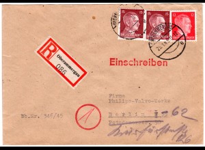 DR 1945, 12+2x15 Pf. auf spätem (25.Jan.) Einschreiben Brief v. Oberammergau