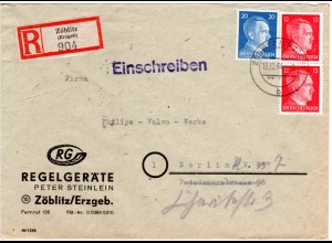 DR 1944, 20+2x12 Pf. auf Einschreiben Brief v. Zöblitz n. Berlin