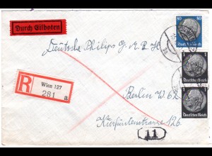 DR 1940, 80+2x1 Pf. auf Ostmark Einschreiben Eilboten Brief v. Wien n. Berlin