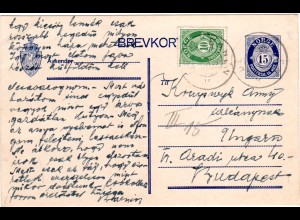 Norwegen 1923, 15 öre Ganzsache m. Zusatzfr. u. Bahnpost v. Trondheim n. Ungarn