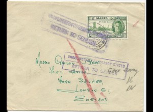 Malta, 1d 1946 auf Retour Brief m. GB Hinweisstempel. #1912