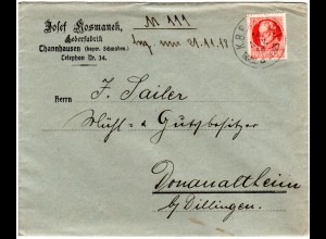 Bayern 1918, 15 Pf auf Firmenbrief v.Thannhausen m. Bahnpost-K1 THANNH CI DSCHRB