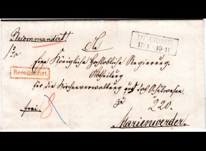 Preussen 1859, R2 DT:CRONE auf Einschreiben-Brief v. Rosenfelde n. Marienwerder