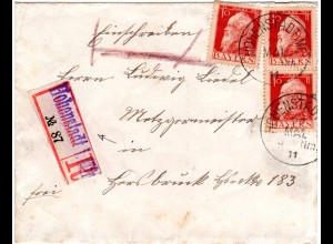Bayern 1911, 3x10 Pf. auf R-Brief m. eingestempeltem Reko-Zettel v. Hohenstadt
