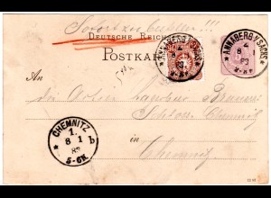 DR 1883, 25 Pf. auf 5 Pf. Ganzsache per Eilboten v. Annaberg n. Chemnitz