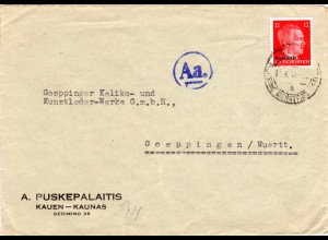 Ostland 1941, 12 Pf. auf Firmenbrief v. Kaunas m. Königsberg Aa Durchlaufzensur
