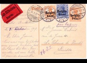 Belgien 1917, 8+25 C. auf 8 C. Ganzsache per Express v. Brüssel i.d. Schweiz