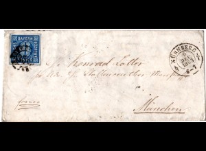 Bayern 1863, allseits breitrandige 6 Kr. dunkelblau auf Brief v. Nürnberg