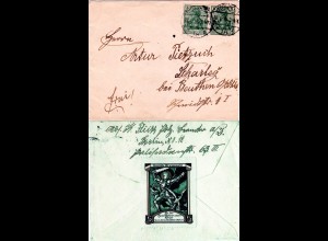 DR 1916, 2x5 Pf. auf Brief v. Berlin m. rücks. Vignette 5 Pf. Dt. Kriegsmarke