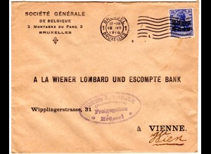 Belgien 1916, 25 C. auf Brief v. Brüssel n. Österreich m. rücks. Bankzensur