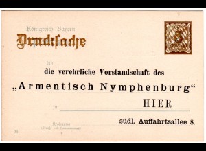Bayern, Armentisch Nymphenburg, ungebr. 3/2 Pf. Drucksache Ganzsachenkarte