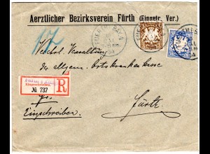 Bayern 1904, 3+20 Pf. auf Orts Reko Brief m. eingestempeltem R-Zettel v. Fürth